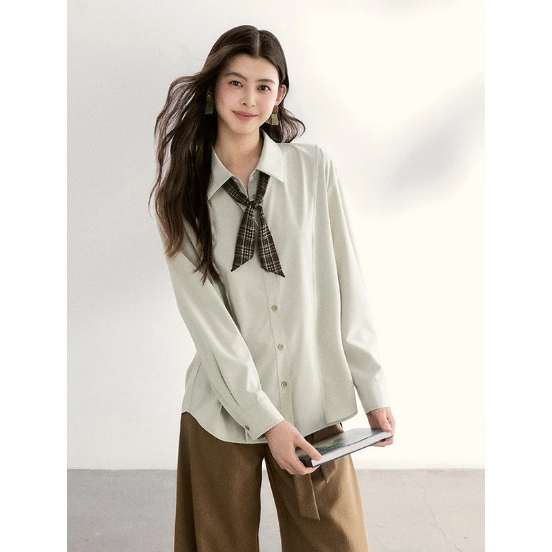 MISHOW Women's Casual Loose Shirt with Plaid Scarf 2026 Spring Lapel Tops Versatile Long Sleeve Shirts Office Lady MXF108C0815