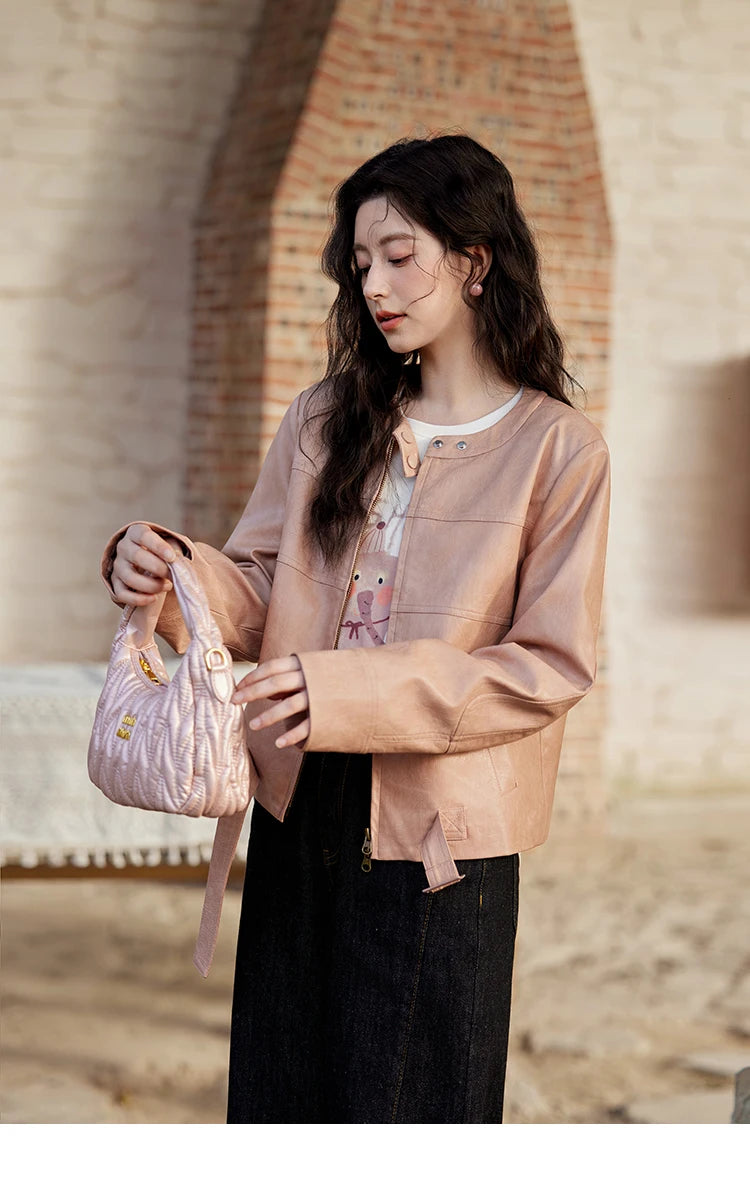 MISHOW Fashion Pink Leather Jacket Women's Spring 2025 New Shoulder Long Sleeved Slim Fit Leisure Tops Coat Female MXE11W0714