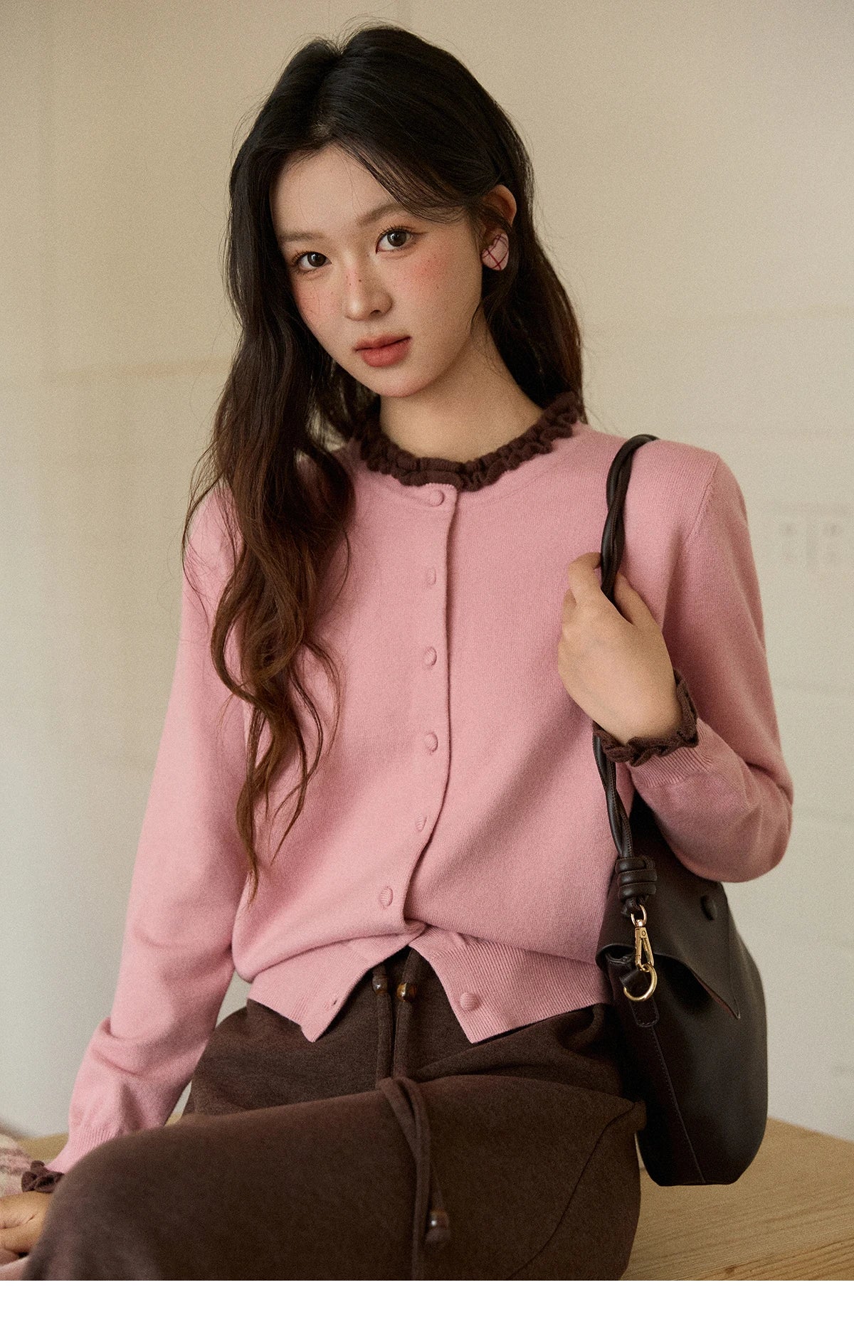 MISHOW Women Knit Cardigan Long Sleeve 2025 Winter Retro Ruffle O-neck Knitted Sweater Loose Casual Commute Khaki Top MXE91Z2749