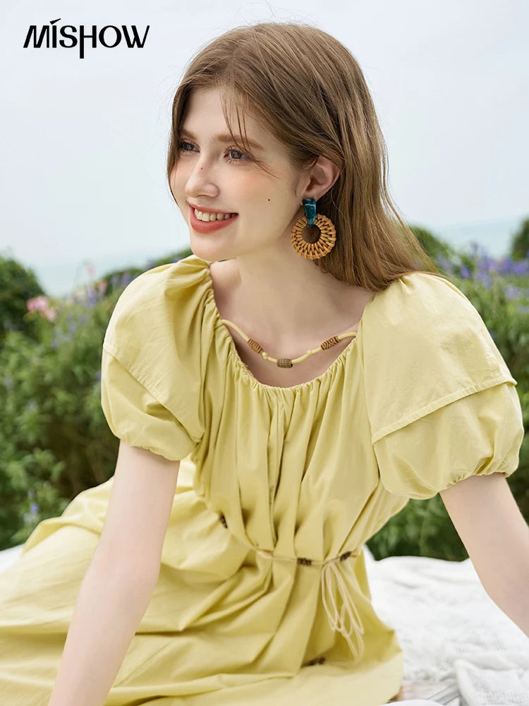 MISHOW 100 Cotton Bohemian Dress 2024 Summer French Elegant Elastic Round Neck Bubble Sleeve Long Dresses with Belt MXD26L1940