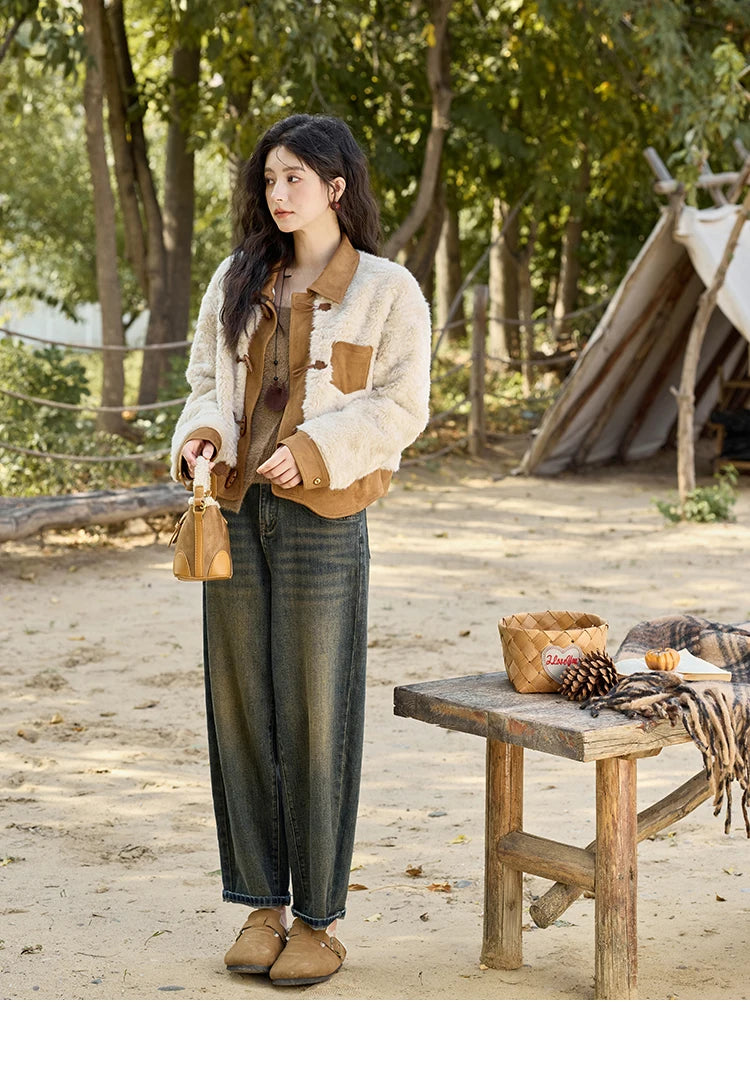 MISHOW Lamb Wool Short Jacket Women Ox Horn Button 2024 Fall Winter New Fashion Warm Loose Splicing Suede Top MXD36W0504