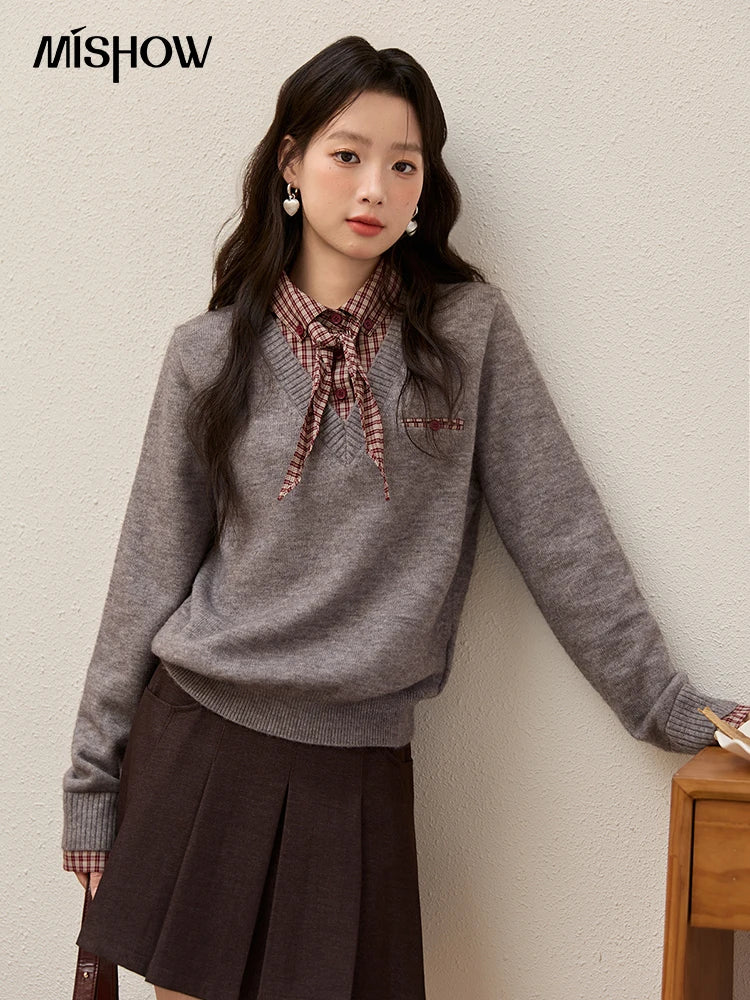 MISHOW Fake Two-piece Knitted Sweater for Women 2025 Winter Plaid Turn-down Collar Splicing Detachable Scarf Sweater MXE89Z2605