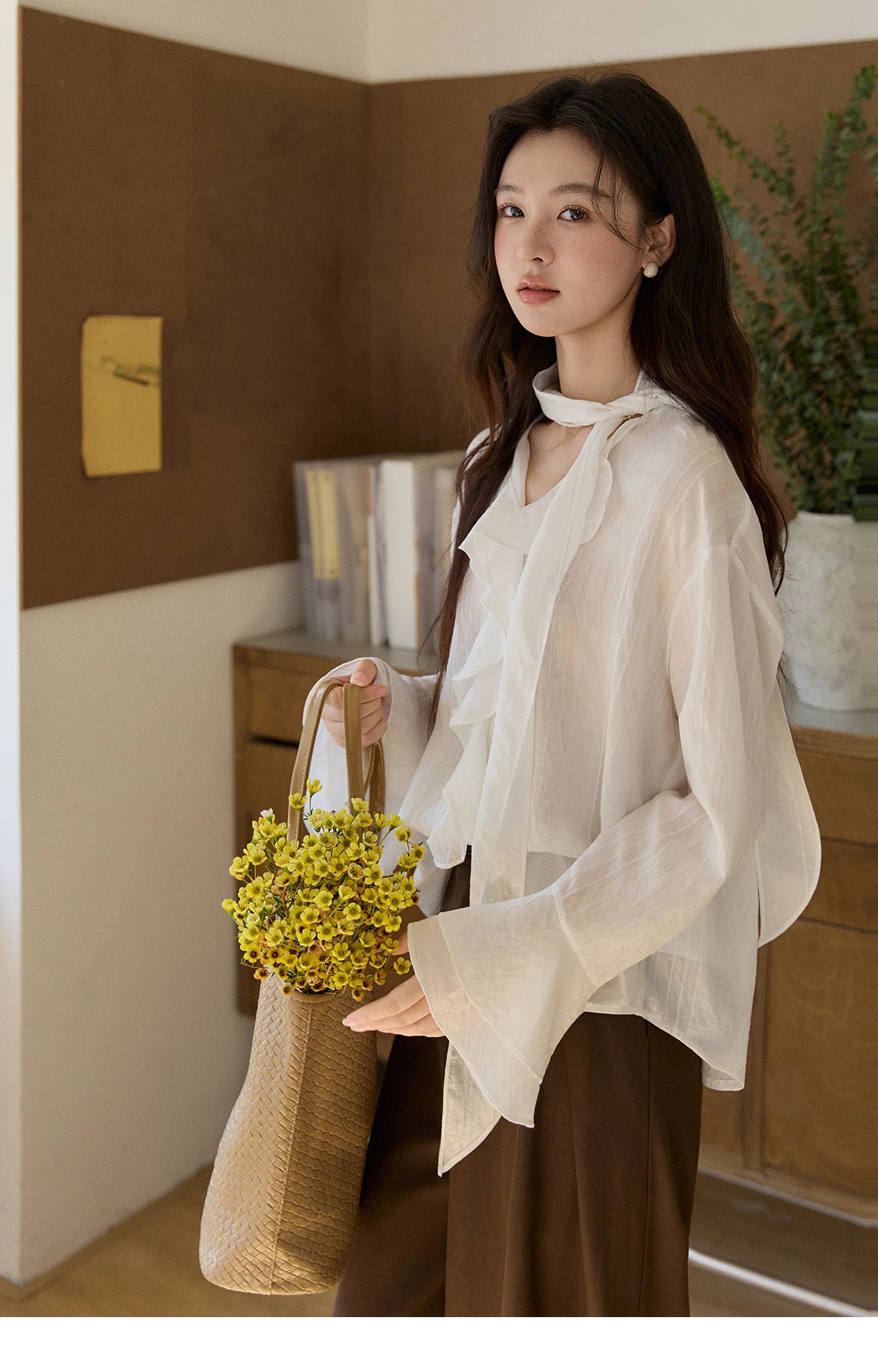 MISHOW Women's Ruffle Trim Chiffon Blouse with Detachable Scarf 2026 Spring Long Sleeve Loose Fit Casual White Top MXF108X0999