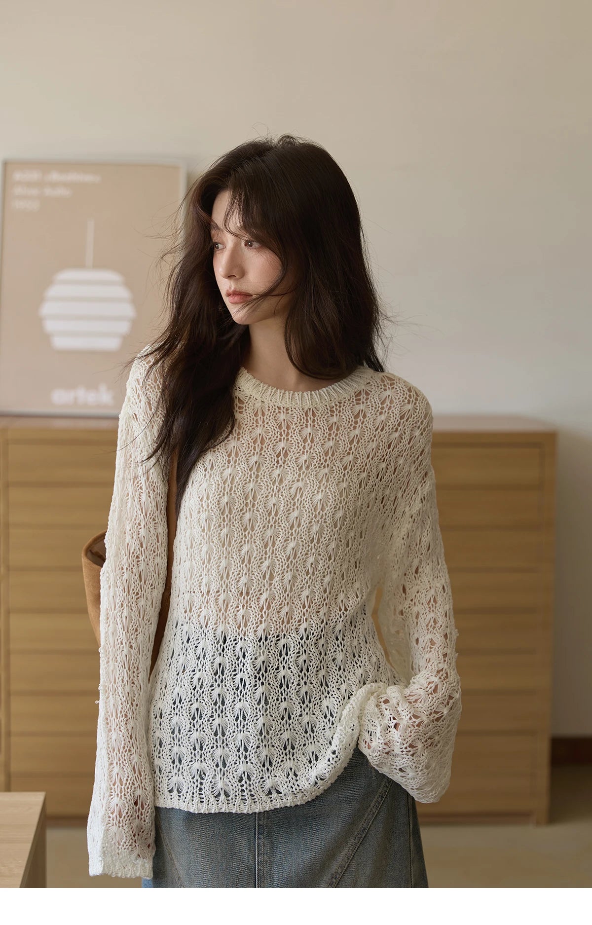 MISHOW Women's Hollow Knitted Tops 2025 Autumn Jacquard Weave Breathable Top Solid Dropped Sleeve Knitted Sweaters MXE43Z1360