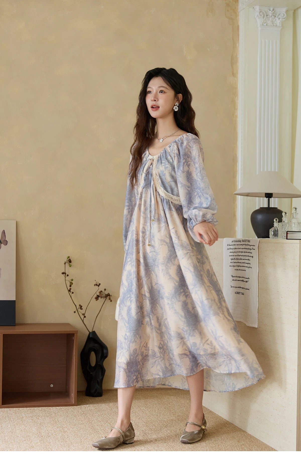 MISHOW Woman Elegant Dress 2025 Autumn Romantic Blue Floral Dress Lace Panel Drawstring A-line Long Dress Autumn MXE45L2507