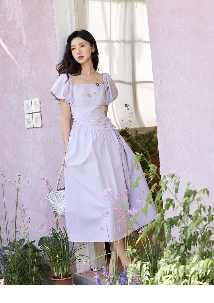 MISHOW French Purple Dresses Women Summer 2025 Solid Short Puff Sleeve Square Neck Slimming Dress Woman New Fashion MXE34L2222