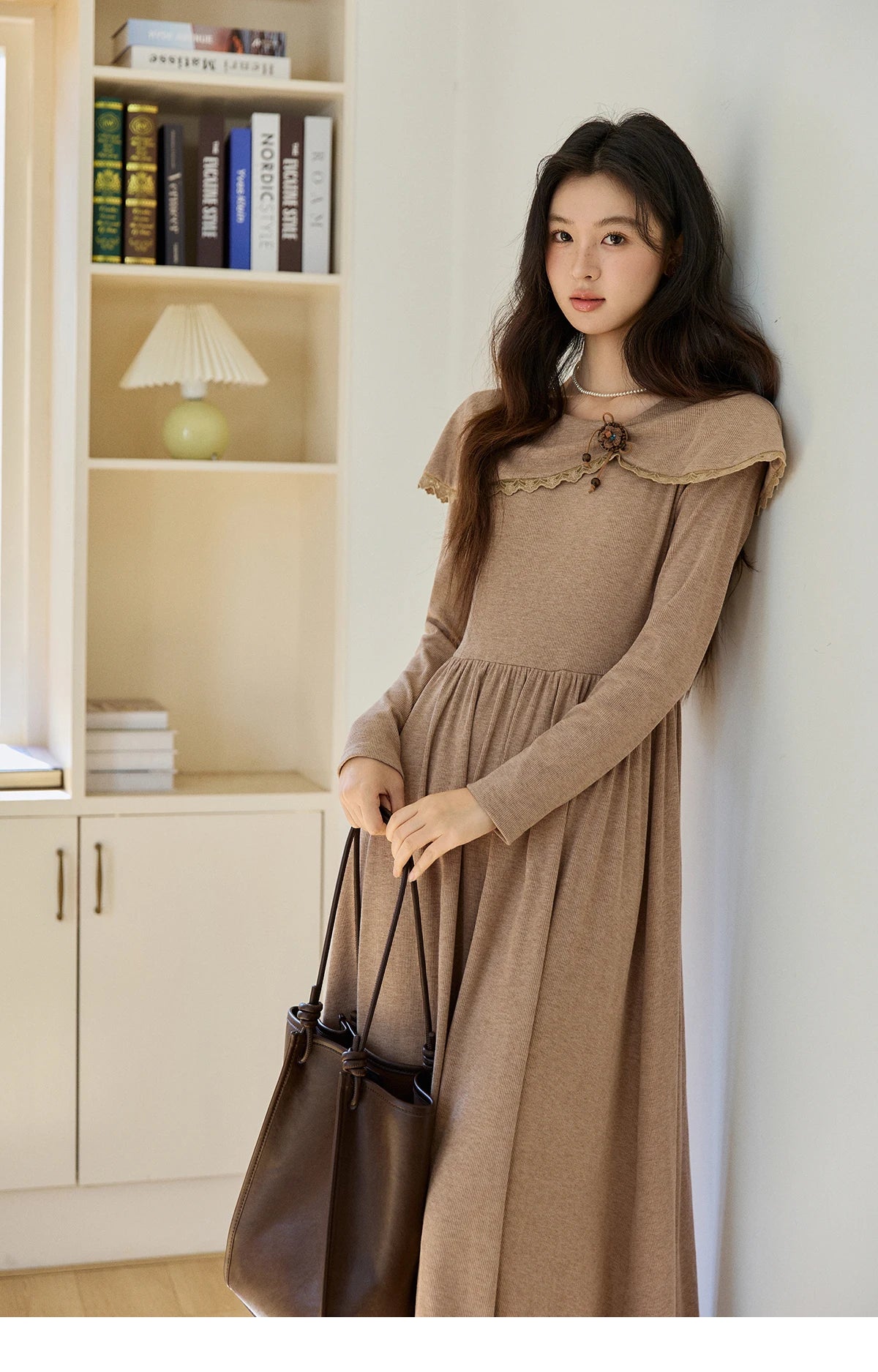 MISHOW Women's Khaki Knitted Dress 2026 Spring Large Collar Decor Long Sleeve Dresses Pleated Casual Elegant Dress MXF11L2553