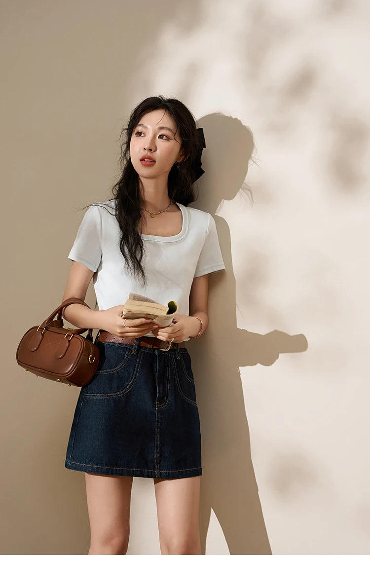 MISHOW Multi Color Square Neck Tees Short Sleeve Solid Color T-shirt for Women 2024 Spring/summer Basic Versatile Top MXC12T0641