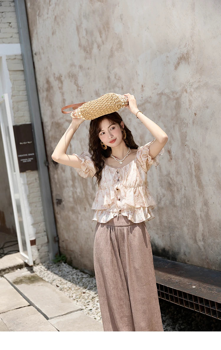 MISHOW French Floral Print Square Neck Shirt for Women 2025 Summer Bubble Sleeve Patchwork Double-layer Ruffle Tops MXD30X1565