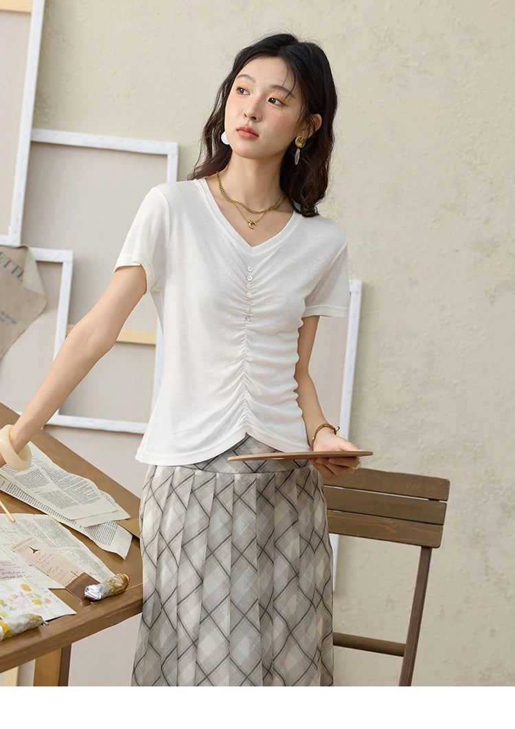 MISHOW V-neck Short Sleeve T-shirt Summer 2025 Mid Front Elastic Fold Single Row Shell Button Tees Casual Slim Tops MXE34T0560