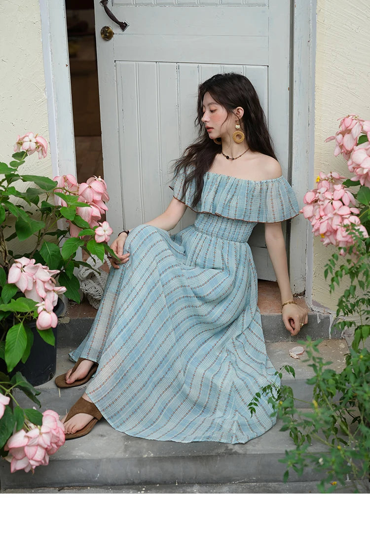 MISHOW Women's Fashion Slash Neck Chiffon Dress 2025 Ladies Elegant Vacation Striped French Dresses Female Clothing MXE39L2380
