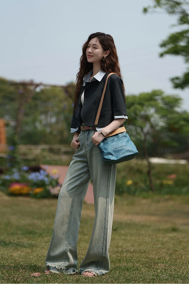 MISHOW Fake Two Short Suit Jackets for Women Summer Three Quarter Single Breasted Turn-down Collar Female Coats MXC33W0016