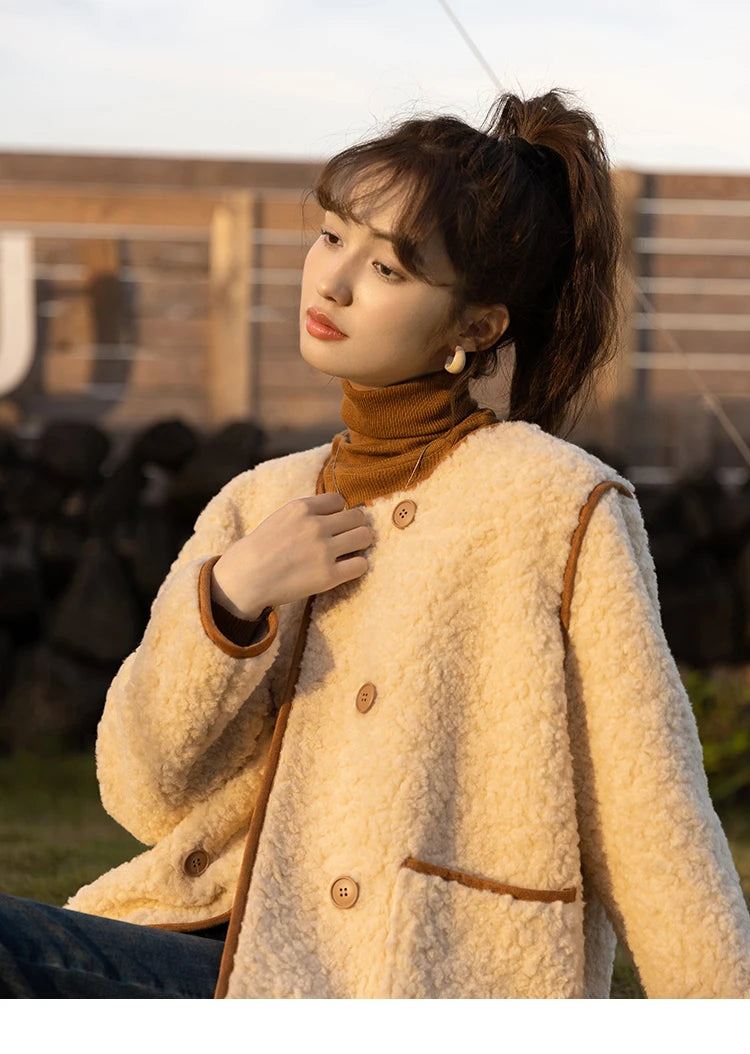 MISHOW Lamb Wool Coat 2023 Double Breasted Winter French Lambswool Jacket Women's Thick Warm Solid New Outerwears MXB45W0850