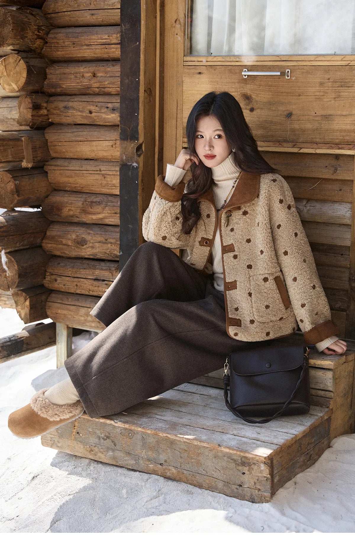 MISHOW Women's Brown Reversible Shearling Coat 2025 Winter Suede Polka Dot Lapel Coats Fleece Thick Warm Short Jacket MXE93W1012