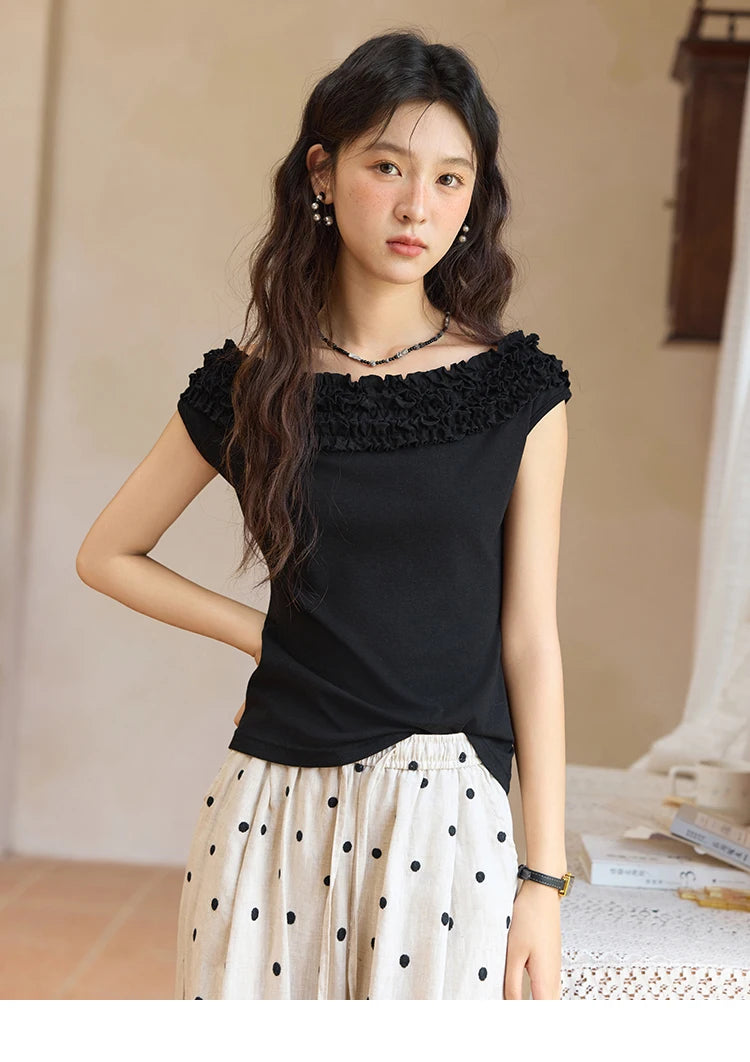 MISHOW French Stringy Selvedge One Neck T-shirt for Women Summer 2025 Raglan Sleeves Wool Short Top Sexy Solid Tees MXE34T0605