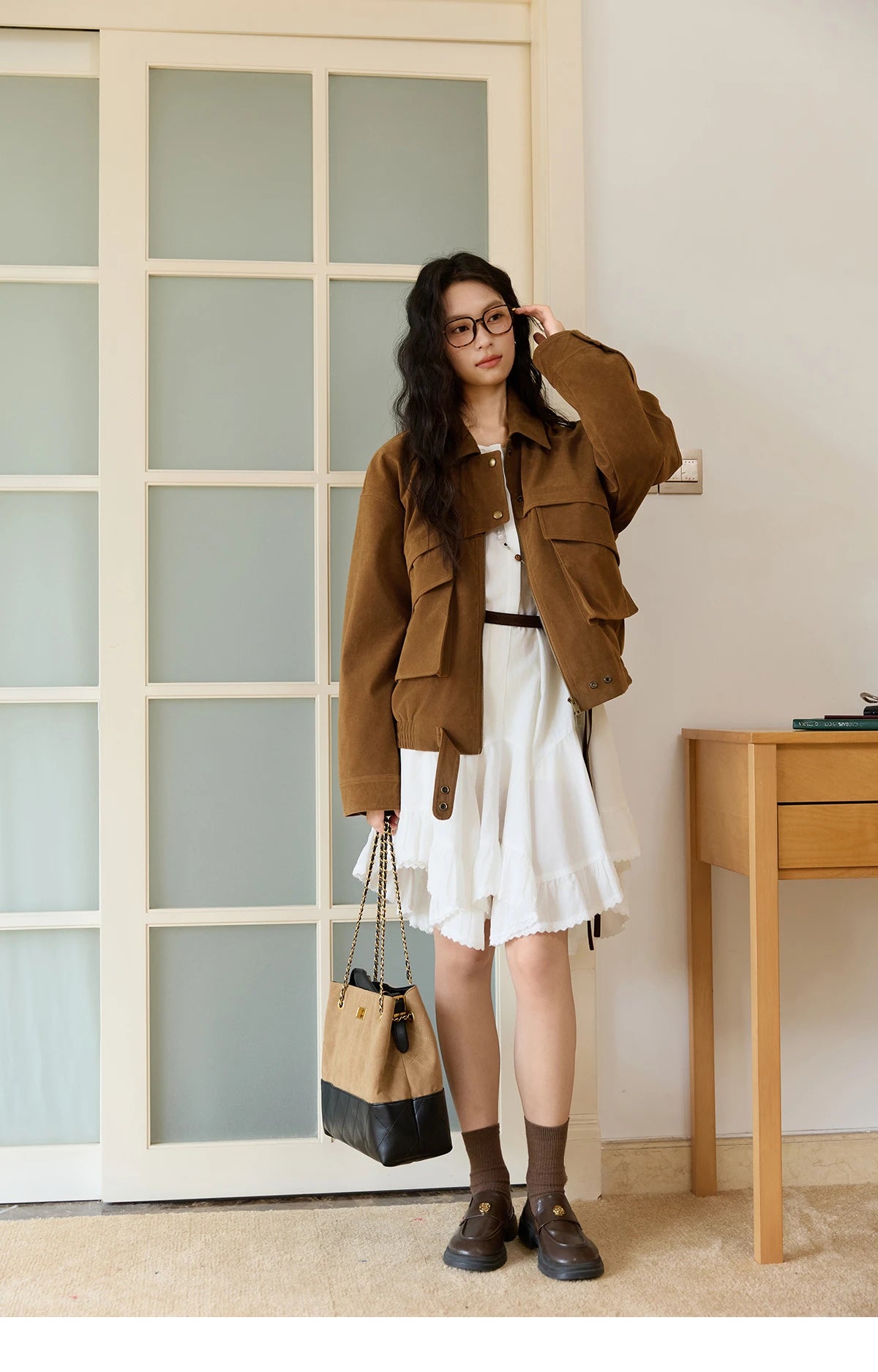 MISHOW Suede Retro Brown Jacket for Women Autumn Winter 2025 Pocket Zipper Loose Coats Lapel Wide-waisted Casual Coat MXE46W0866