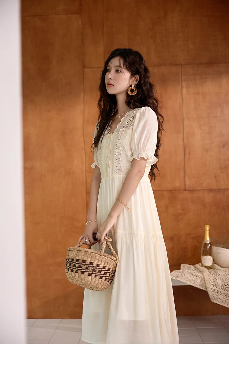 MISHOW Women's French Hollowed Out Embroidery Dress 2024 Summer Elegant Slim Fairycore Dress Waist Mid Length Dresses MXD31L1981