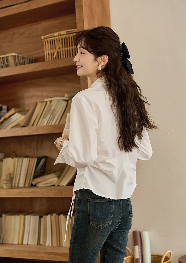 MISHOW French Side Placket Asymmetric Shirt Autumn 2025 Pleated Waist Lapel Shirts Long Sleeve Loose Commuter Tops MXD45C0357