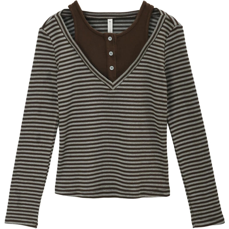 MISHOW Cotton Woman Long Sleeves Tee 2025 Autumn Winter Retro Fake Two-piece Striped Top Commute Knitted Top Ladies MXE51Z2555