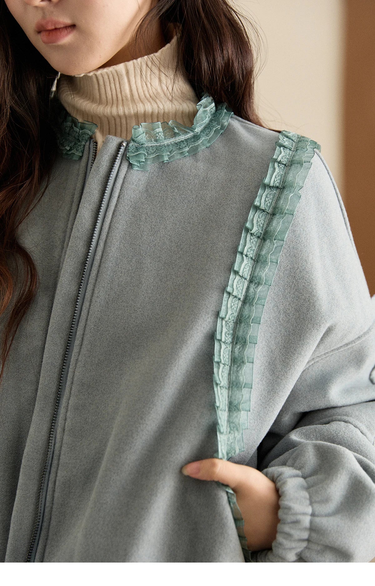 MISHOW Women's Light Blue Down Coats Winter Lace Decor Zipper Puff Sleeve Coats O Neck Loose Casual Warm Outerwear MXE94W1048