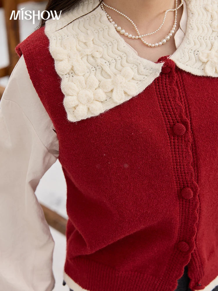 MISHOW Black Vest Women 2025 Autumn Winter New Peter Pan Collar Single-breasted Knitted Vest Versatile Sleeveless Top MXE45Z2484