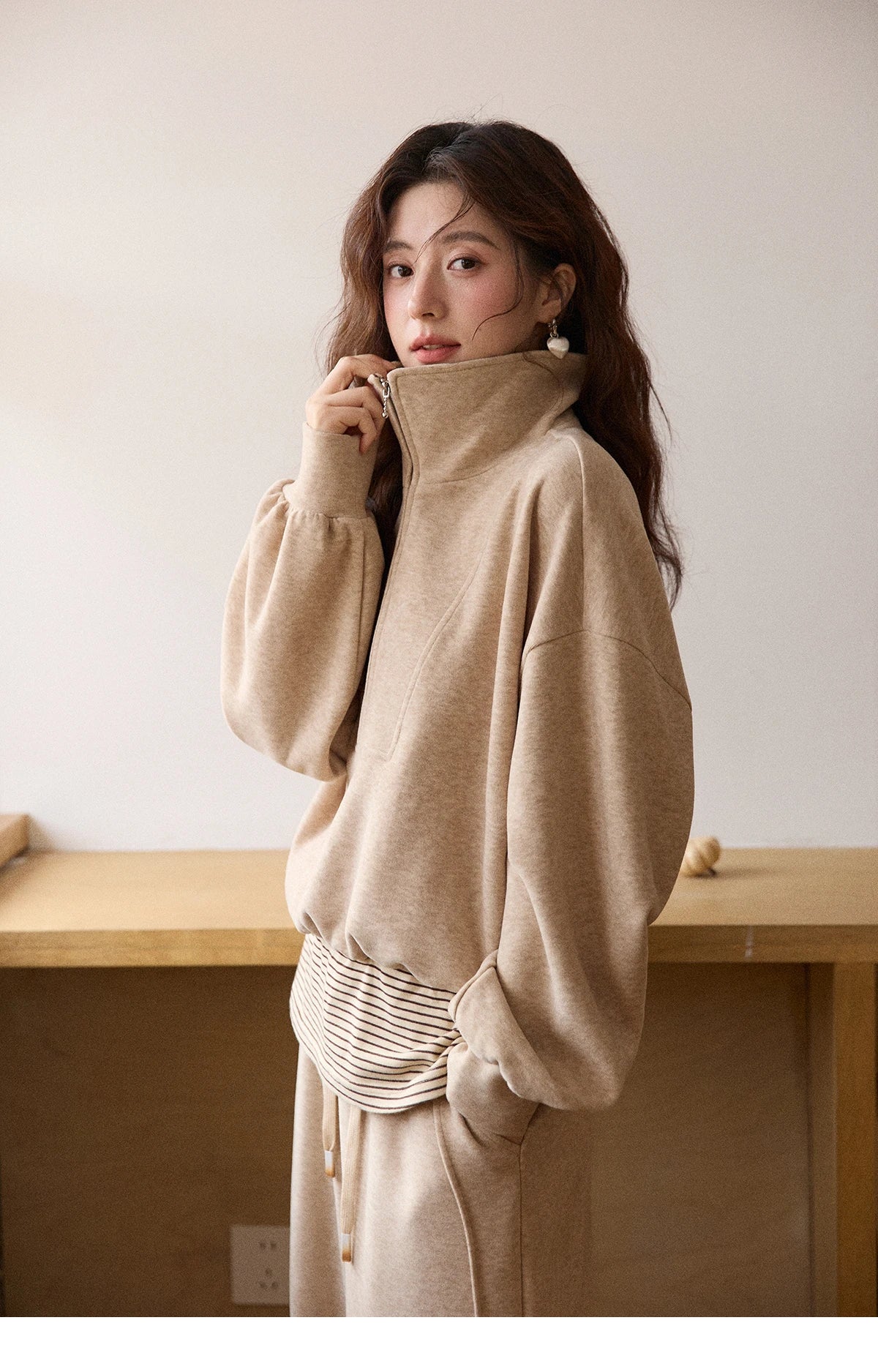 MISHOW Woman Pants Set 2025 Winter Casual Retro Sweatshirt Set Striped Lapel Half-Zip Sweatshirt Wide Leg Pants MXE87T1425