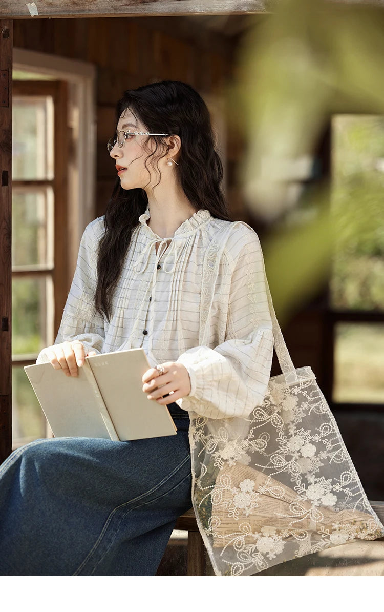 MiSHOW French Striped Blouses Women Spring New 2025 Long Sleeve Lace Collar Shirts Female Fashion Solid Chiffon Tops MXE12C0387