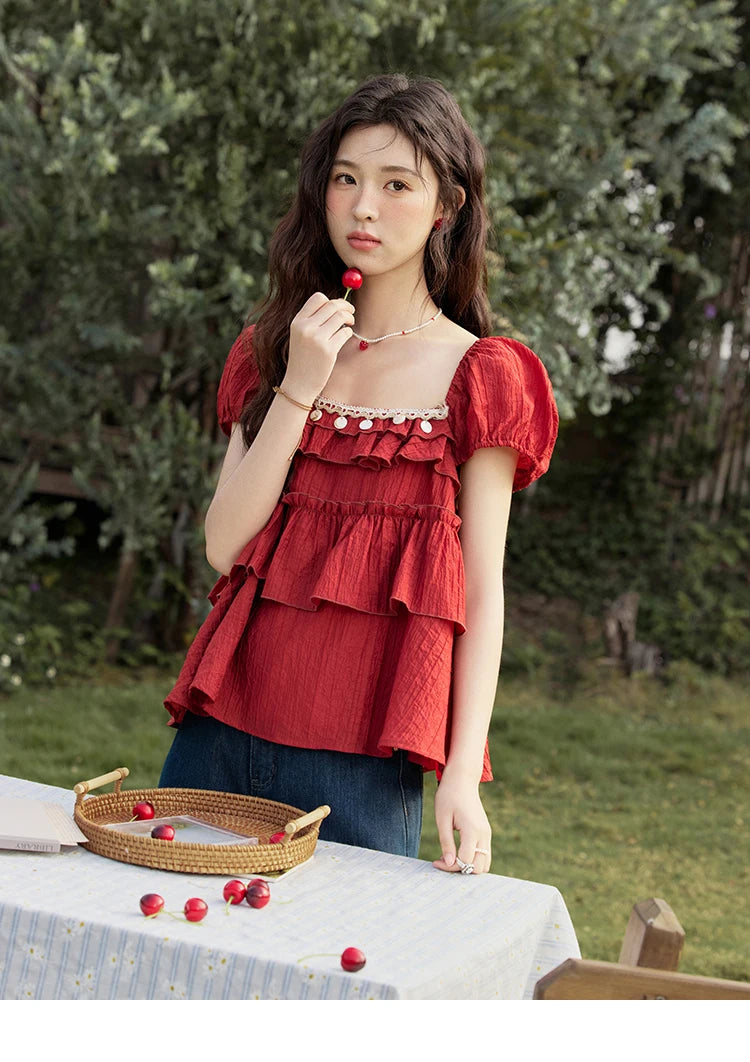 MISHOW French Summer Blouse Women New 2025 Short Sleeve Square Collar Cake Ribbon Shirts Female Fashion Slimming Tops MXE33X1763