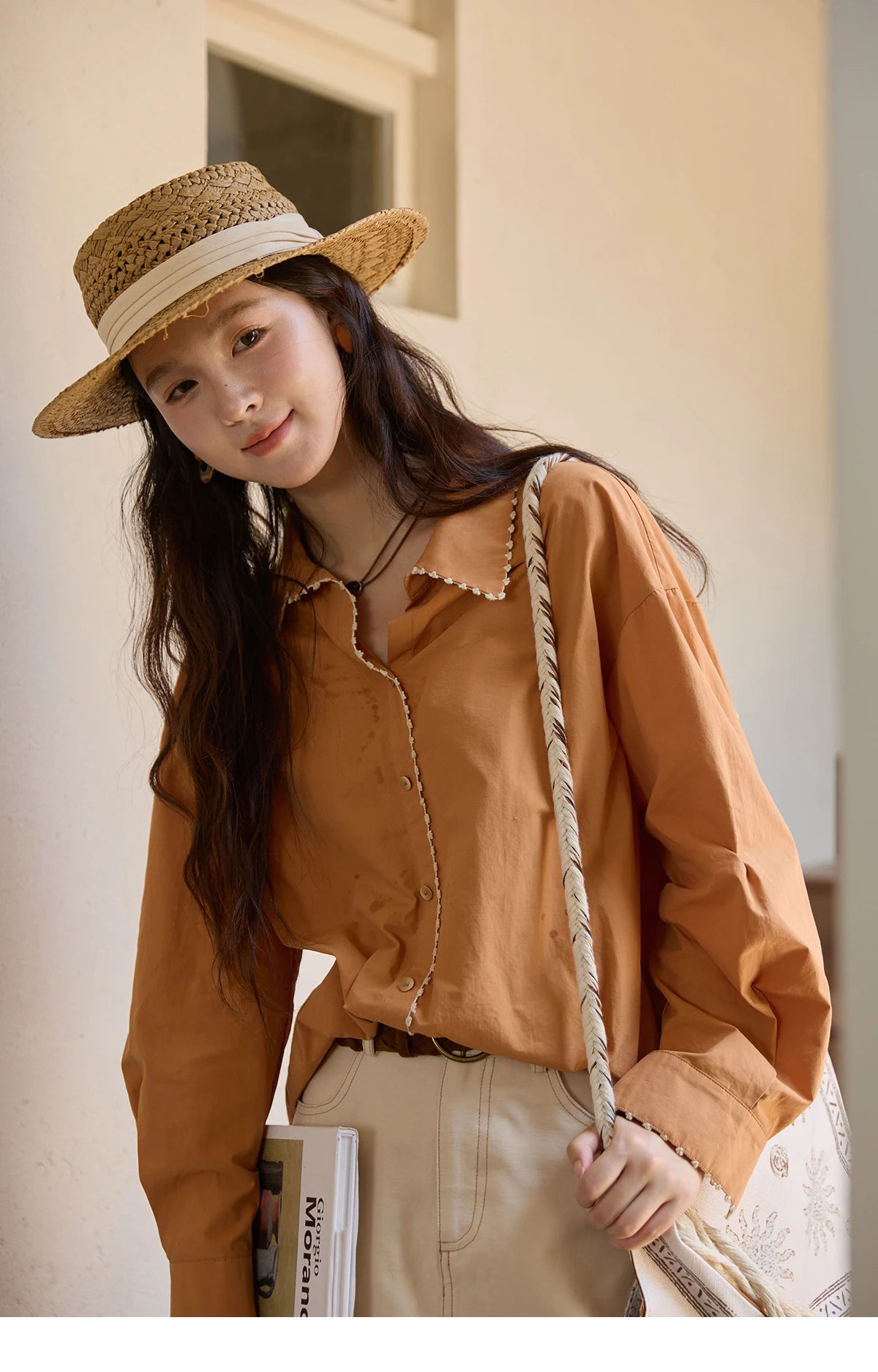 MISHOW Women's 100% Cotton Shirt 2025 Autumn Korean Lapel V-neck Single Breasted Tops Lace Trim Shirts Office Lady MXE43C2377