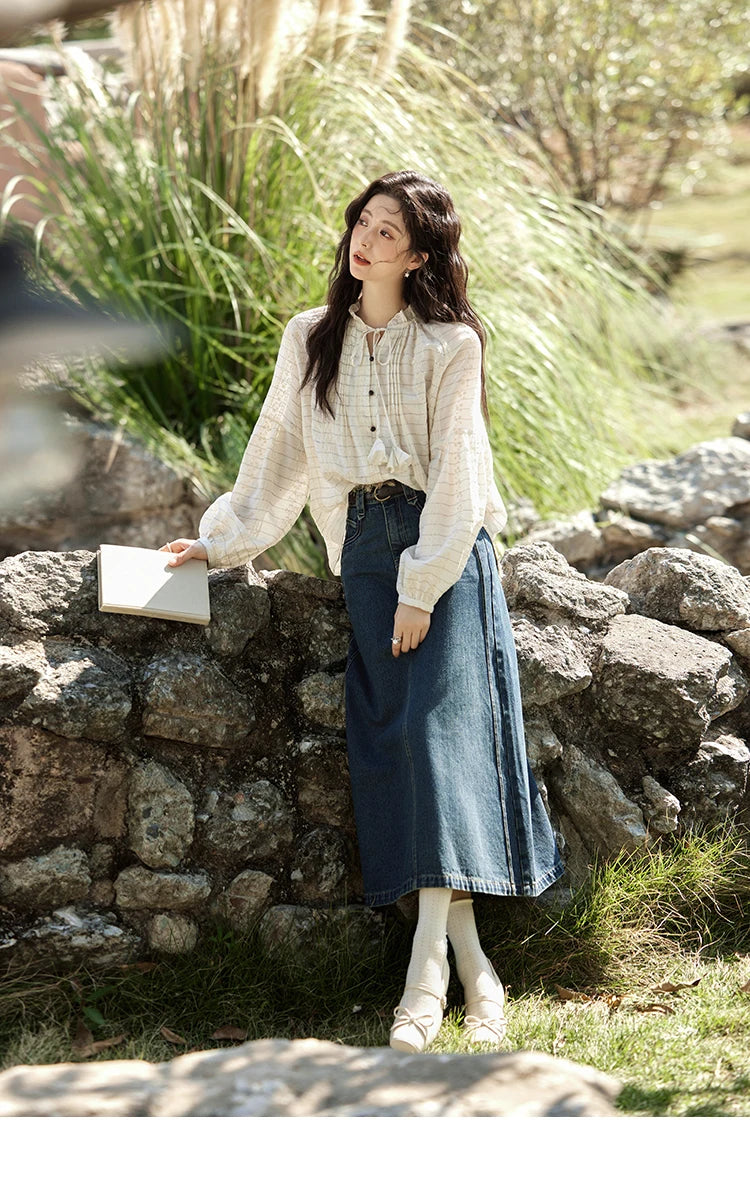 MiSHOW French Striped Blouses Women Spring New 2025 Long Sleeve Lace Collar Shirts Female Fashion Solid Chiffon Tops MXE12C0387