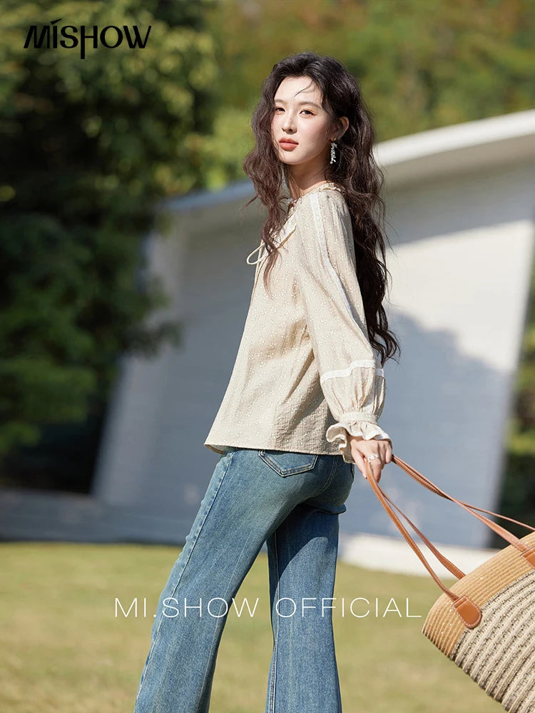 MISHOW Women's Floral Round Neck Shirts 2025 Spring Ruffled Collar Commuting Top Sweet Petal Sleeve Lace-up Shirts MXE14X1729