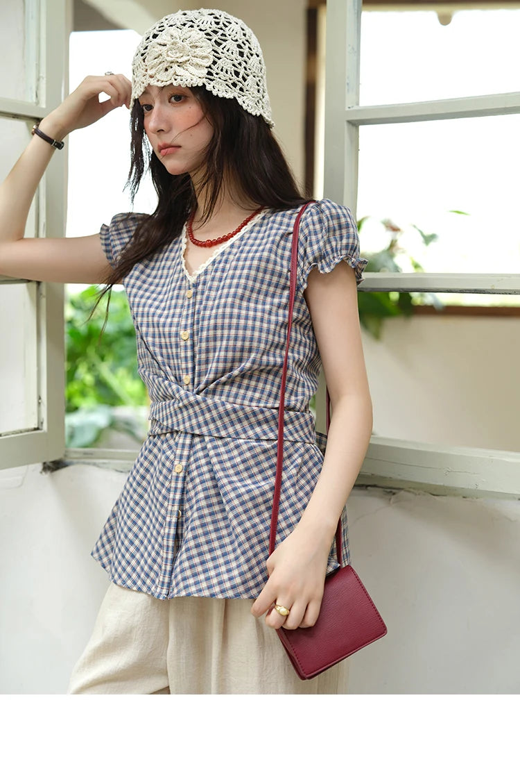 MISHOW Women's Garment Sleeves Plaid Shirt 2025 Summer New Fashion Lace V-neck Shirt Button Belt Top Female Clothing MXE36X1814