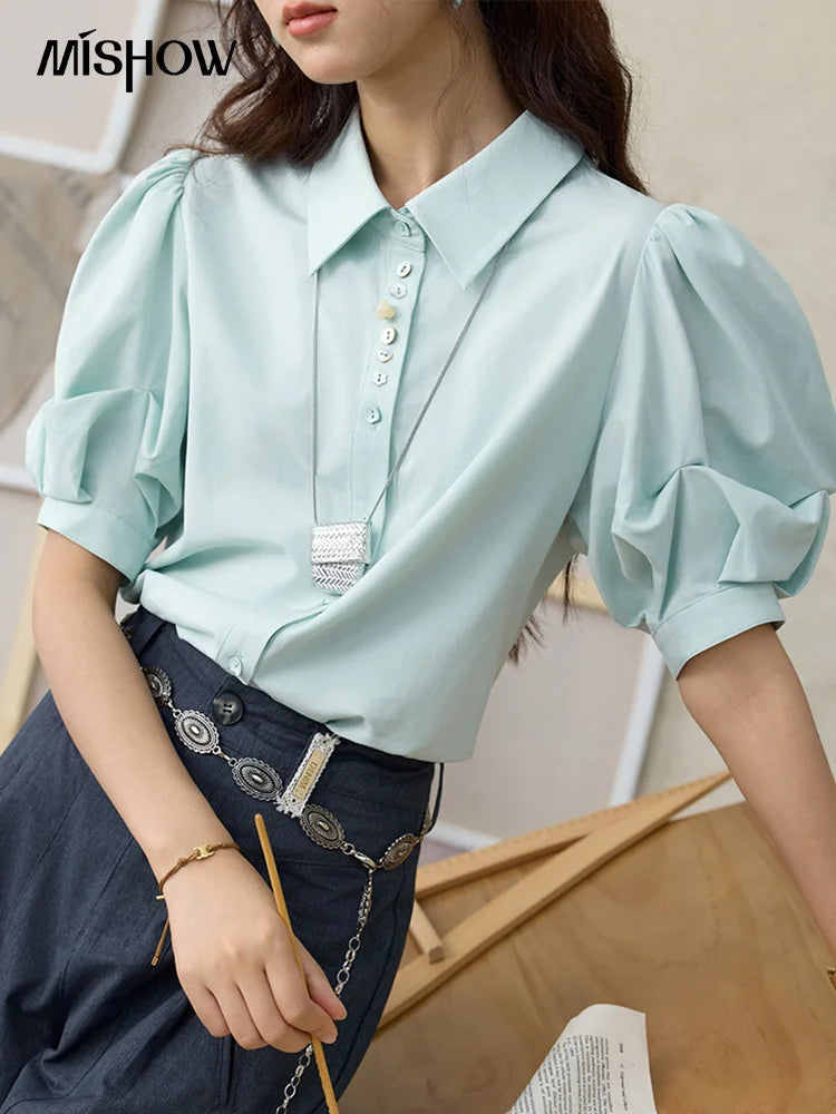 MISHOW Light Green Bubble Sleeve Shirt for Women Summer 2025 Lapel Collar Irregular Button Shirts Cotton Commuter Top MXE34C0788