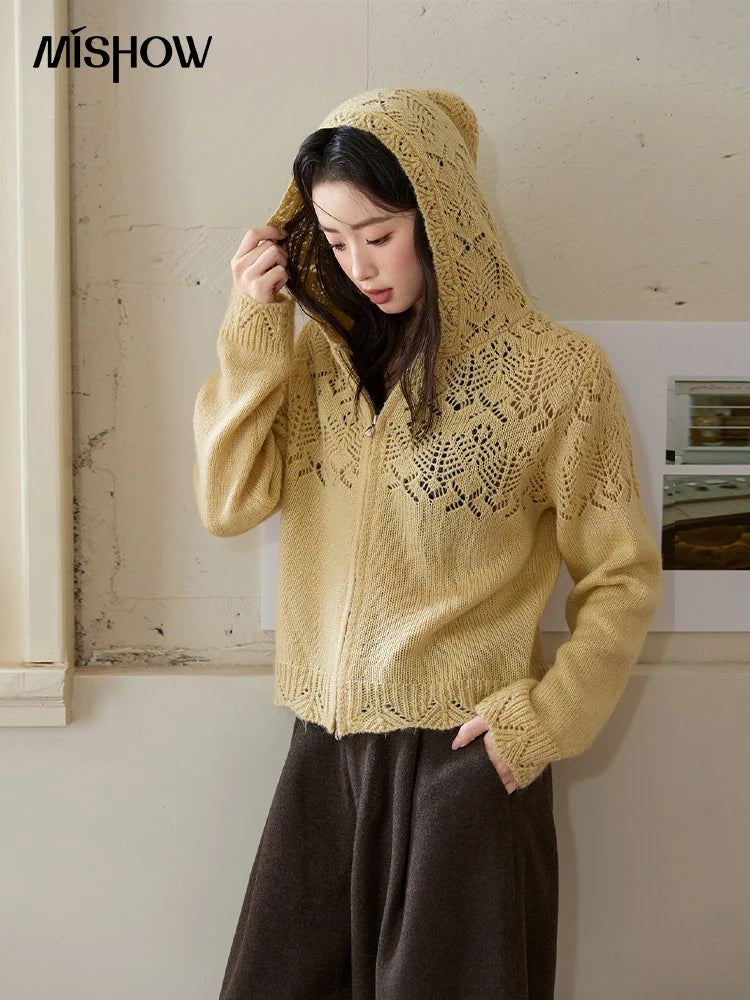MISHOW Yellow Hollow Out Cardigan Women 2025 Autumn Winter New Hooded Zipper Sweater Loose Casual Bottoming Tops MXE46Z2584