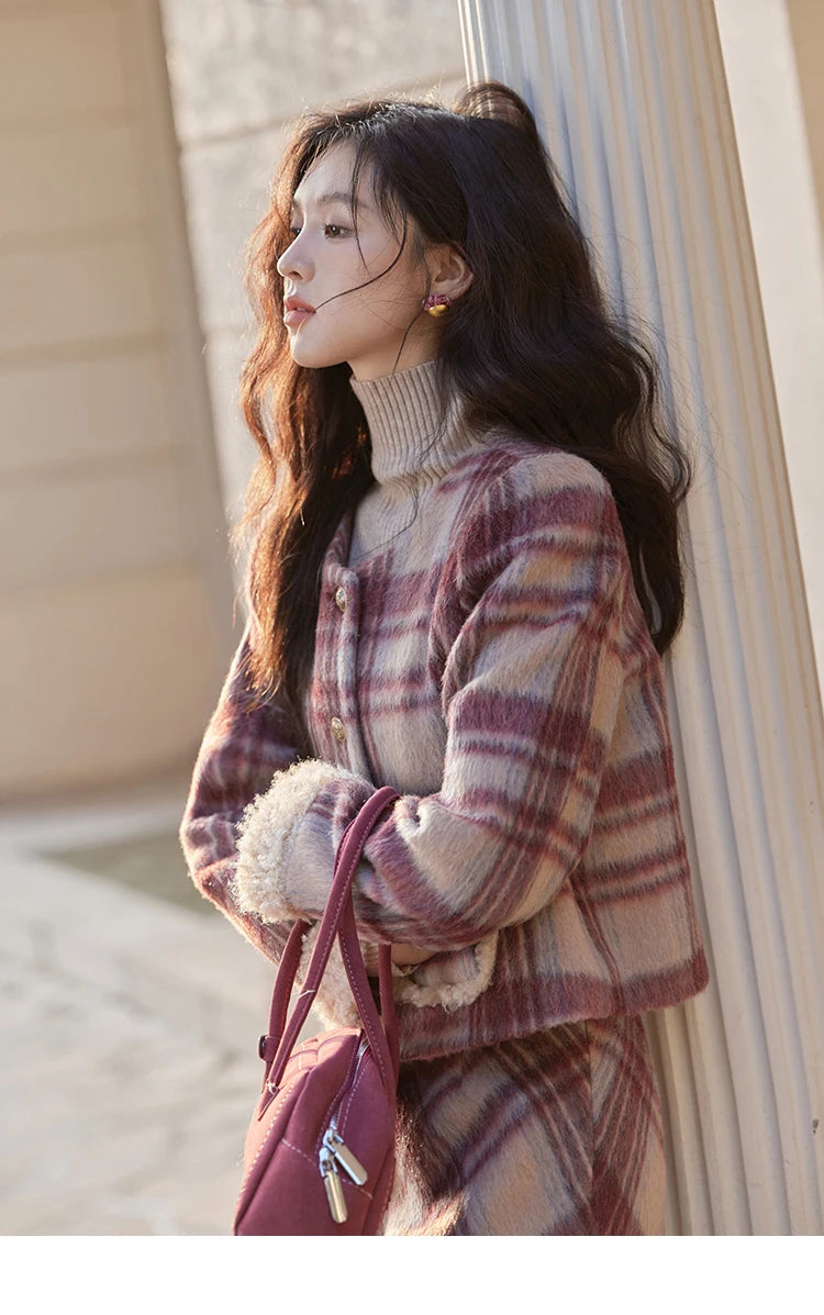 MISHOW Plaid Tweed Jacket Midi Skirt Separately Women 2024 Winter Korean Gentle Thick O-Neck Jacket Straight Skirt MXD54W0562