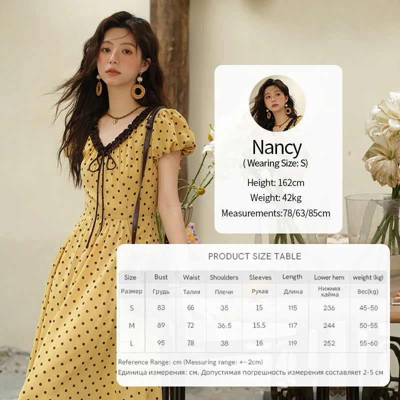 MISHOW Women's Casual Polka Dot Dress 2025 Summer New Ladies Puff Sleeve V-neck Lace Up Ruffle Edge Pocket Dresses MXE39L2326