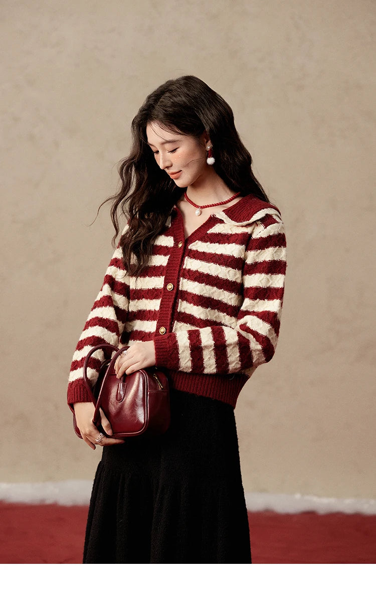 MISHOW Christmas Red Striped Turn Down Collar Cropped Cardigan Thickened Warm Wool Blend Sweater Soft Knitted Tops MXD58Z1038