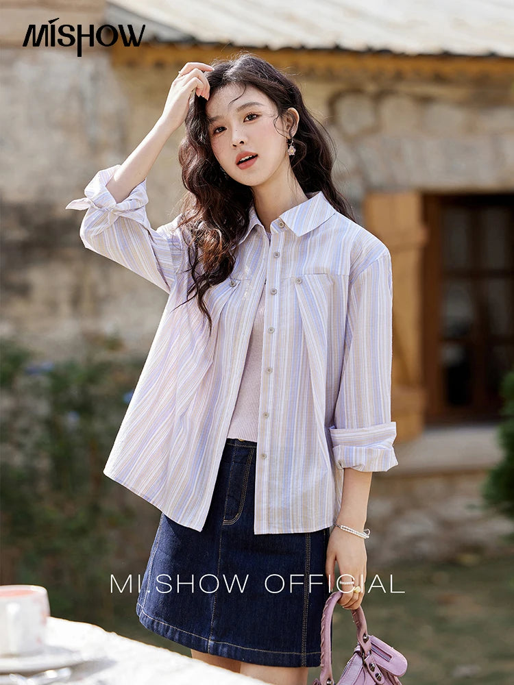 MISHOW Purple Striped Loose Shoulder Shirt for Women 2025 Casual Turn-down Collar Top Single Breasted Commuting Shirt MXE13C0407