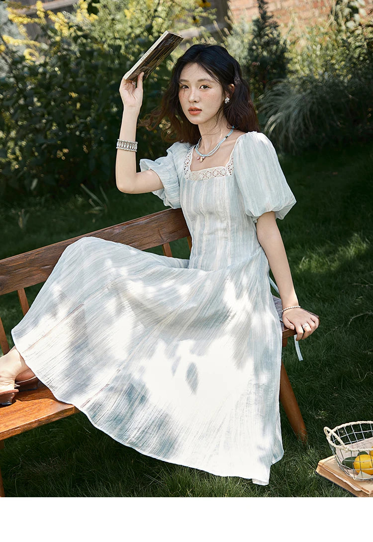 MISHOW Women's Summer Dress 2025 New Fashion Striped Square Neck Spliced Lace Hollow Out Dress Waist Lace Up Dresses MXE39L2403