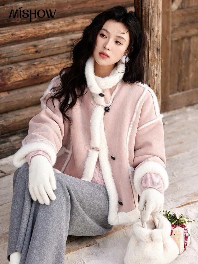 MISHOW Leather Fur Coat Fur Collar with Bag Women Winter Clothes Suede Plush Jacket Pocket Soft Thickened Warm Tops MXD57W0737