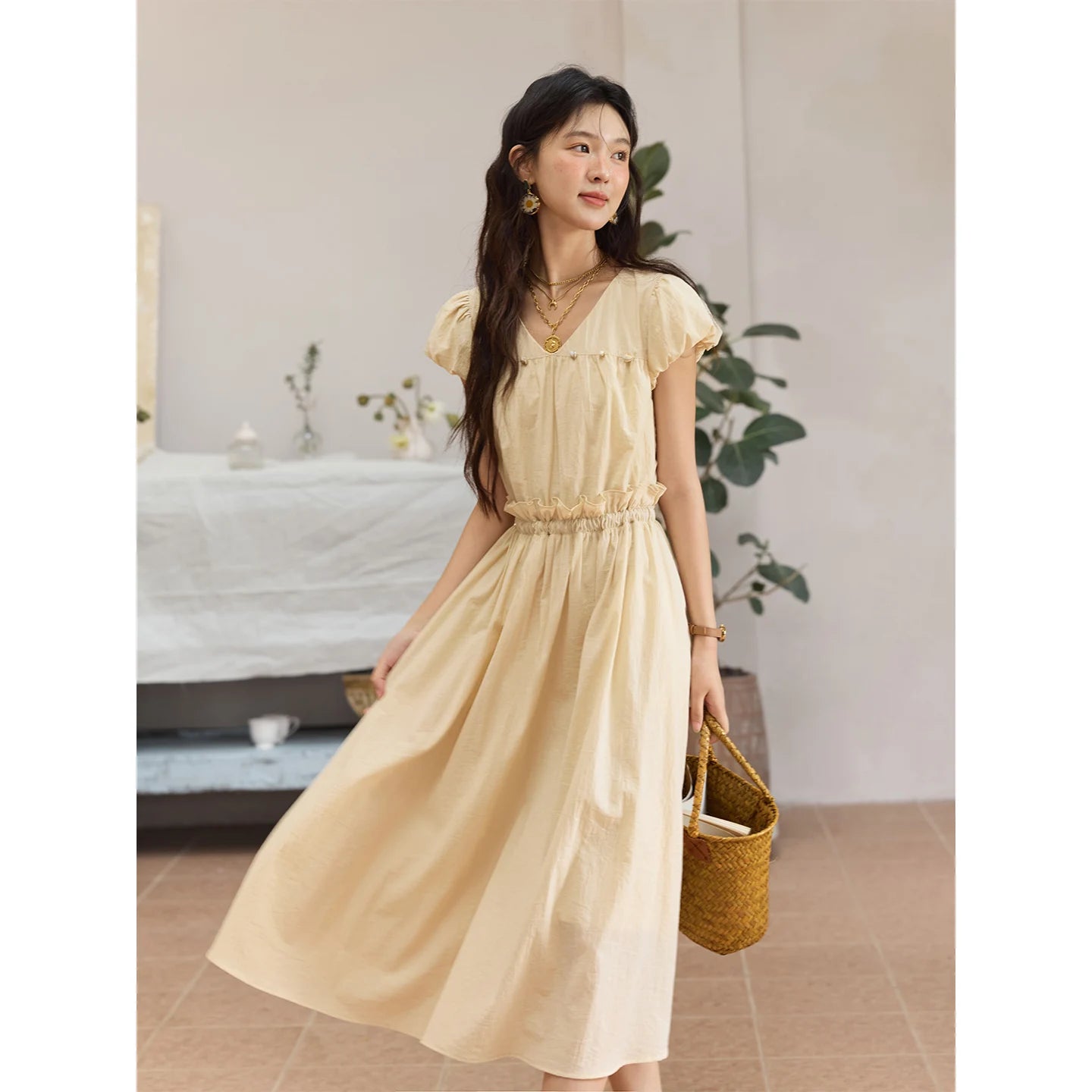Mishow Flower Bud Sleeve V-Neck Sash Dress MXE34L2238