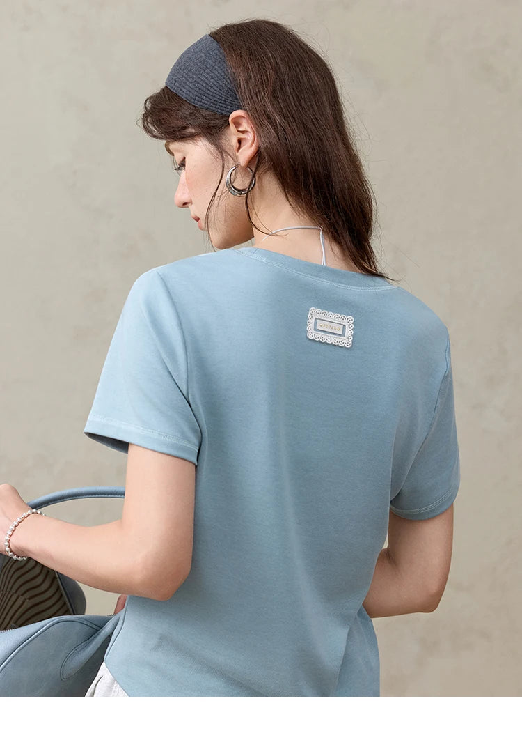 MISHOW Casual Summer T-shirts Women Short Sleeve Round Neck Solid Straight Shoulder Shirt Female Fashion Slimming New MXE31T0532