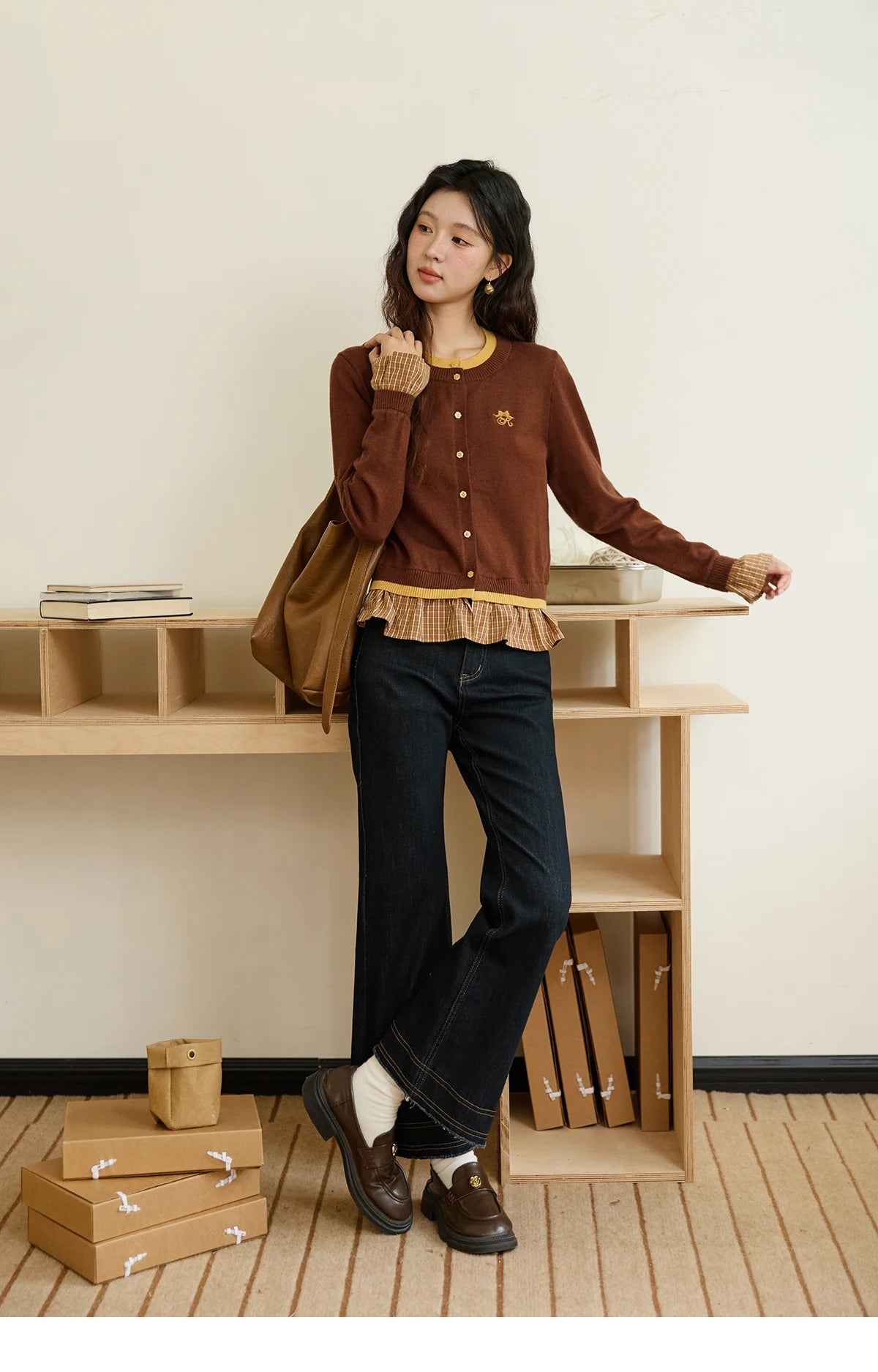 MISHOW Fake Two Knitted Sweaters Autumn Retro Color Contrasting Bow Embroidered Sweater Hemp Cuff Splicing Plaid Top MXE46Z2495