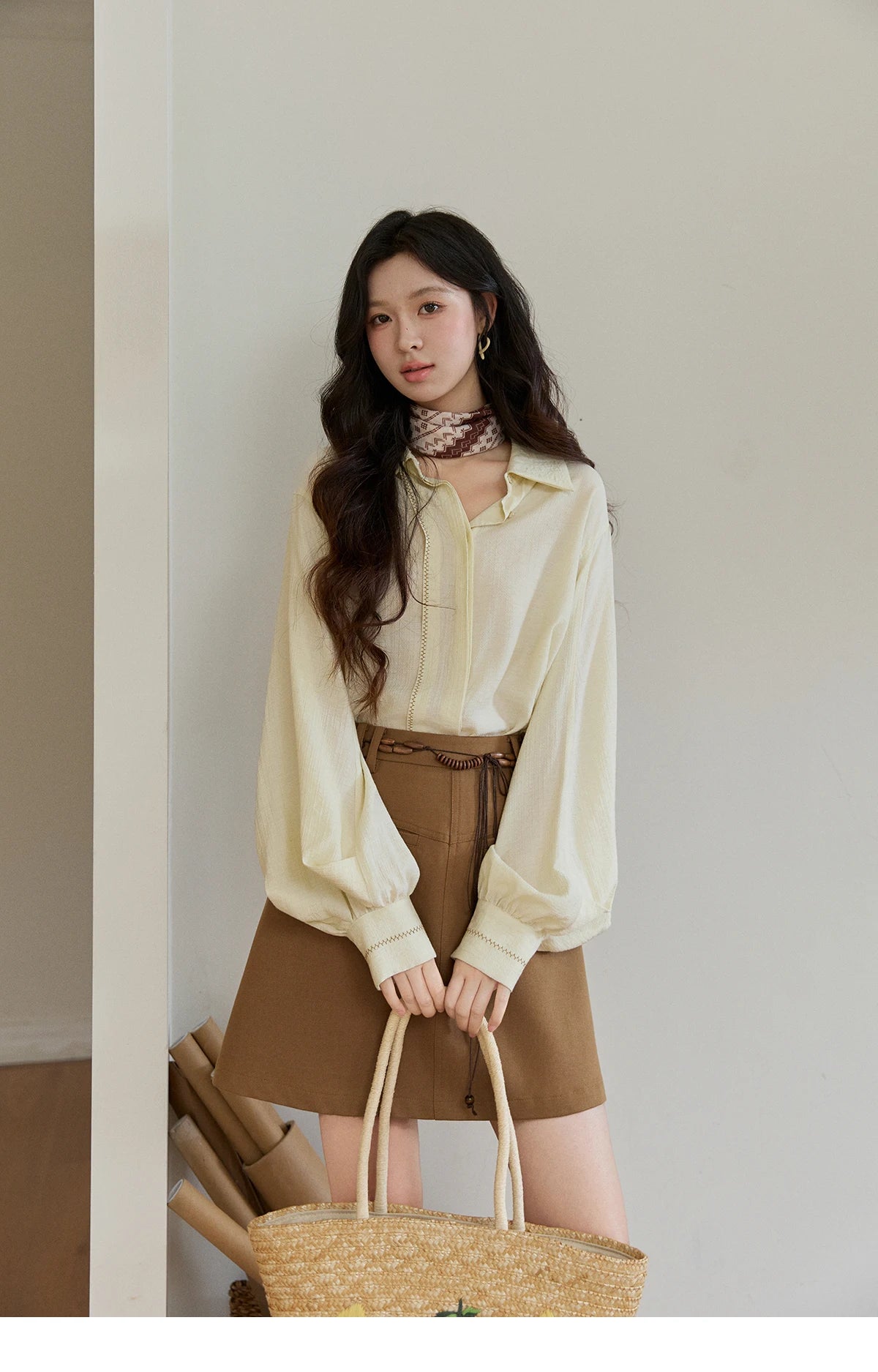 MISHOW Women's Lapel Lantern Sleeve Shirts 2026 Spring Lace Trim Casual Loose Breathable Solid Shirt Office Lady MXF13C2436