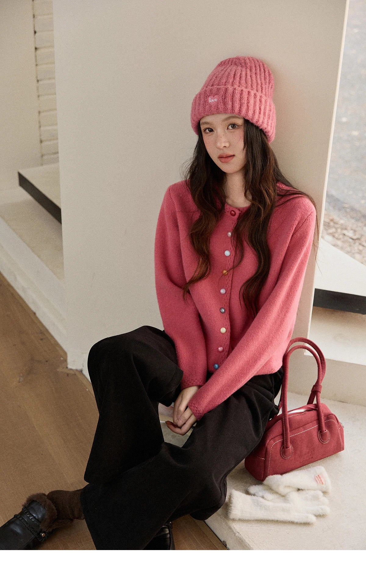 MISHOW Women's Cardigan 2025 Slim Fit Hollow Out Round Neck Rainbow Button Sweater French Style Solid Warm Knitwear MXE90Z2796