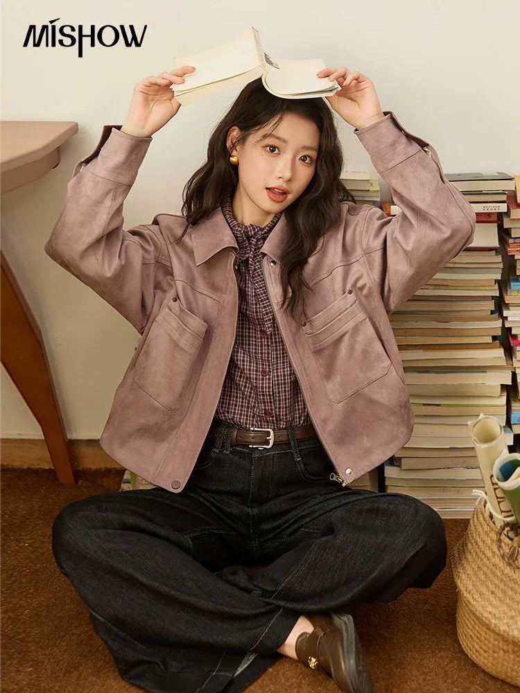 MISMHOW Taro Purple Leather Jacket Autumn 2025 Contrasting Splic Short Jackets Symmetrical Double-layer Pocket Coat MXE44W0816