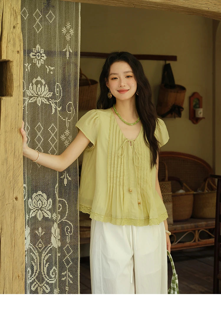MISHOW V-Neck Lace Up Blouse Flying Sleeve Lace MXE37X1855