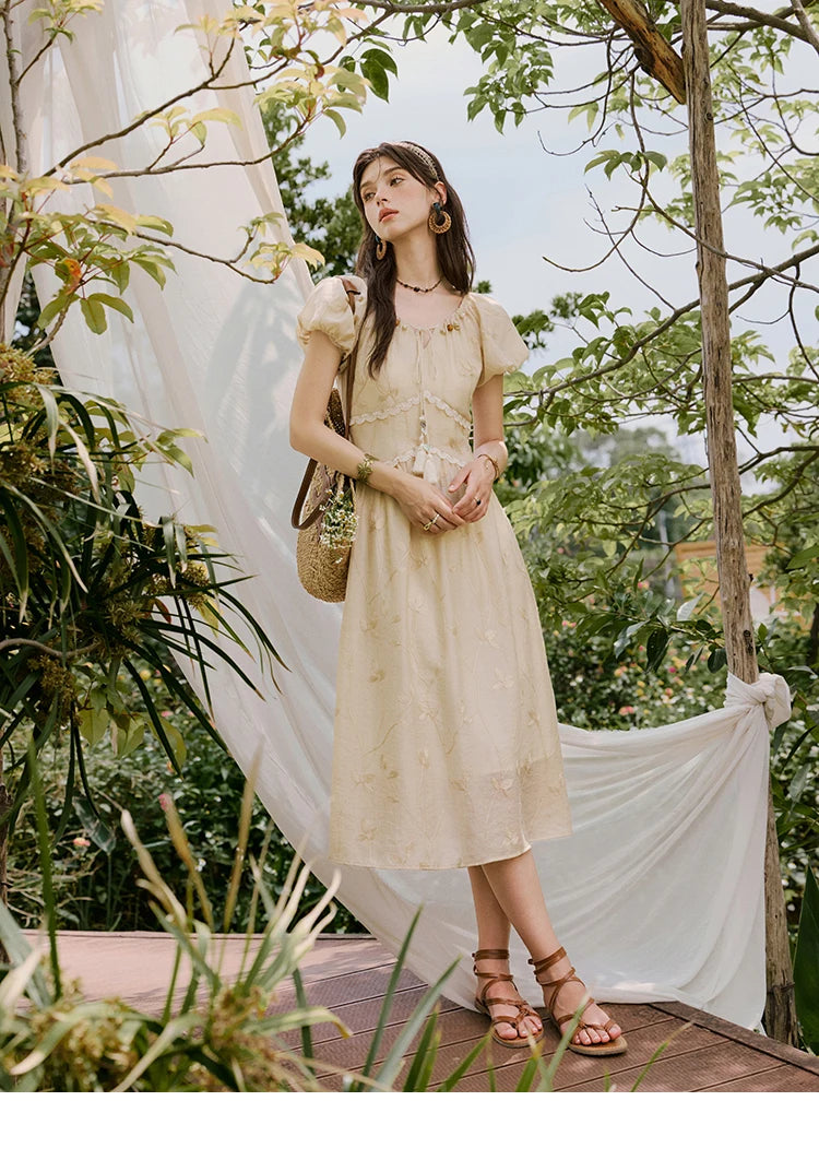 MISHOW Print Office Lady Dress Women Summer 2025 Short Sleeve Round Neck Beaded Neckline Slim Waist Dresses Female MXE33L2208