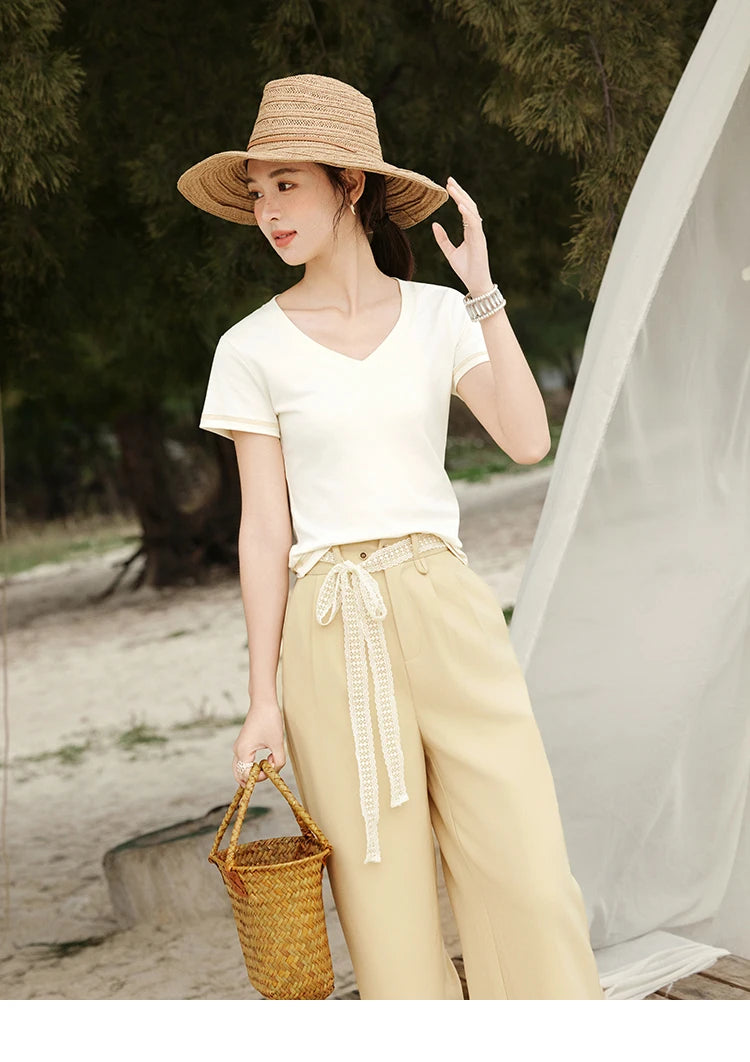 MISHOW Cotton Casual T-shirts Women New 2025 Short Sleeve V-neck Solid Versatile Shirt Female Fashion Basic Tops Lady MXE33T0519