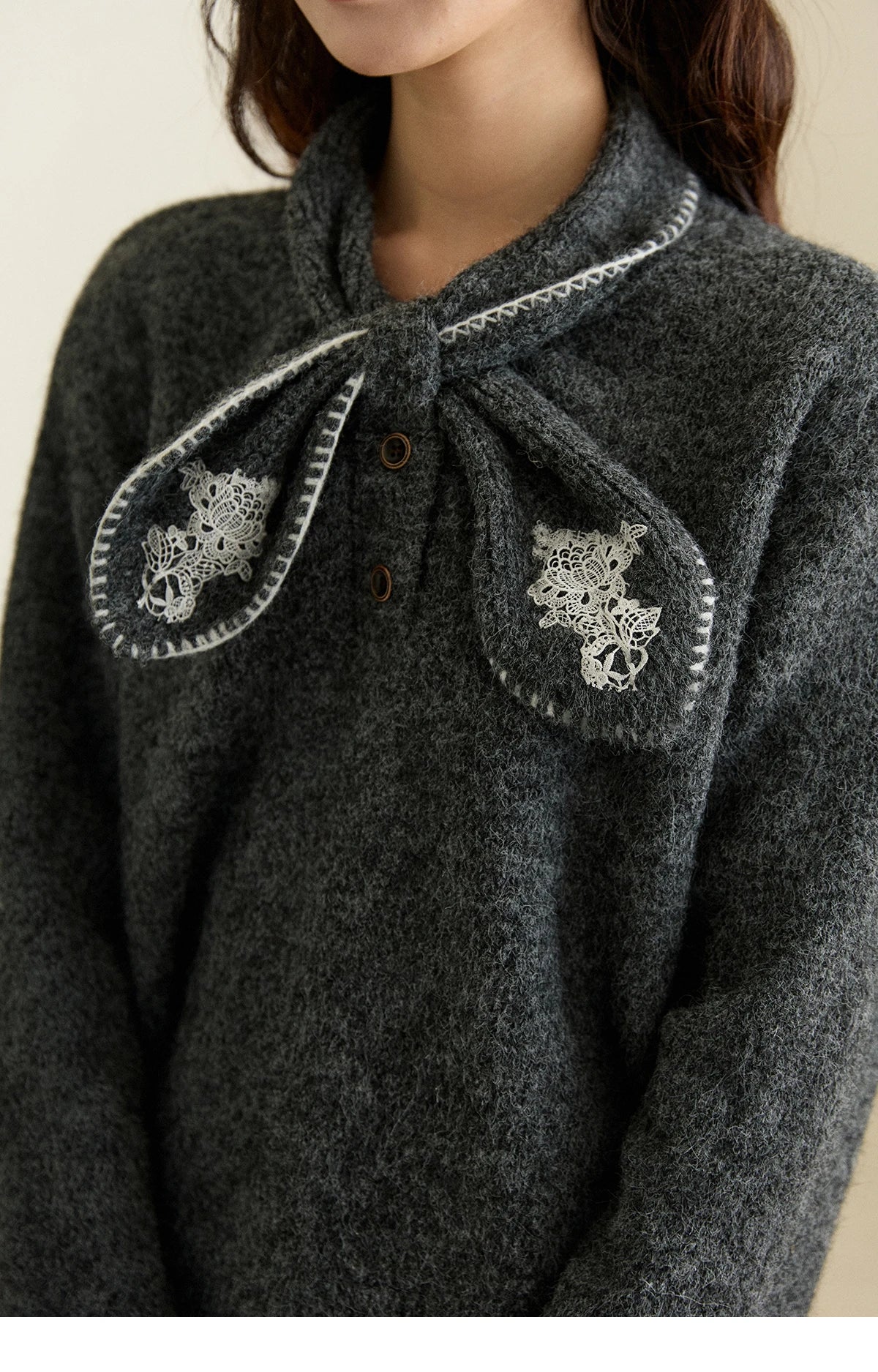 MISHOW Women's Yellow Knitted Sweater 2025 Autumn Winter Bow Collar Splicing Lace Tops Loose Warm Pullover Sweaters MXE94Z2971